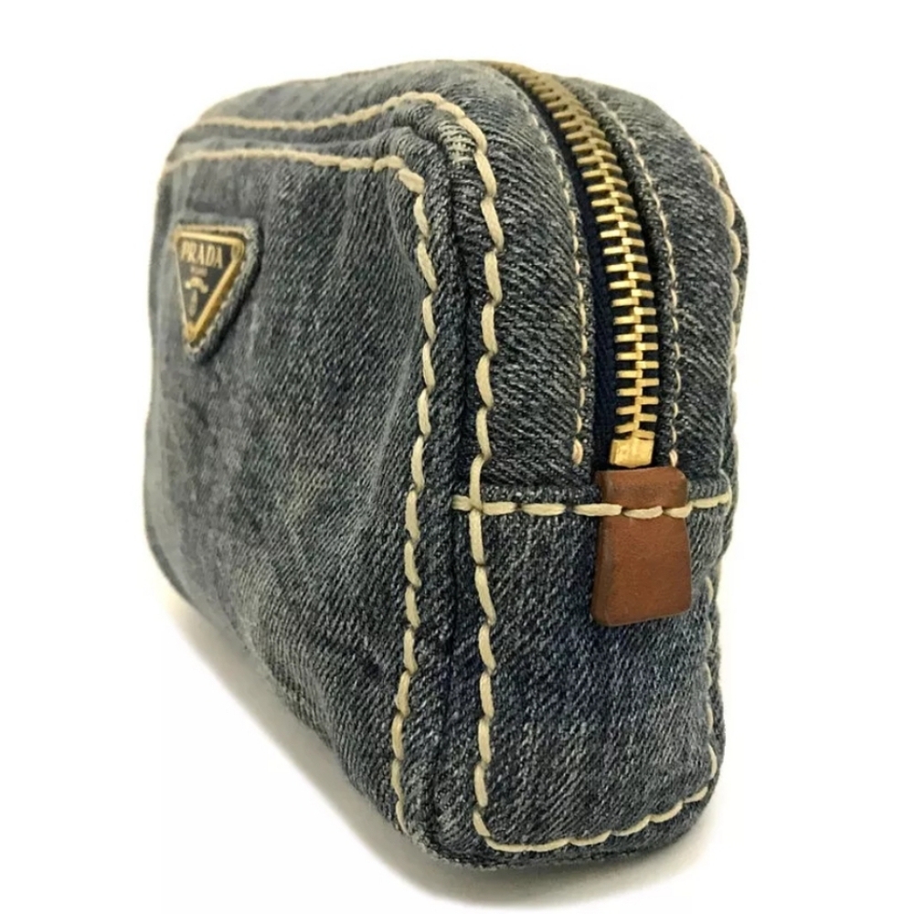 PRADA LOGO PLATE DENIM COSMETIC POUCH BAG BLUE - Picture 3 of 12